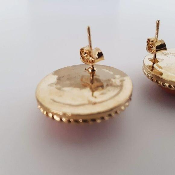 Earrings Button Stud Gold Tone Orange Vintage Look New in Package Clean smoke fr - Picture 6 of 8